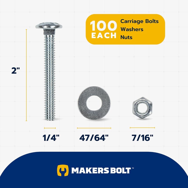 MAKERS BOLT 1/4" x 2" (100 Pack) Zinc Carriage Bolt Kit, Grade 307A by - Image 2
